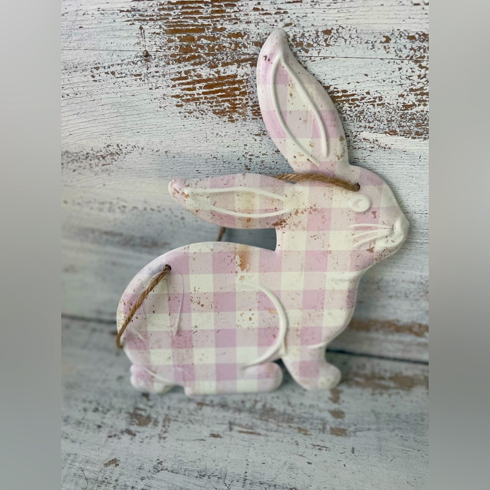 *Spring Lavender Gingham Hanging Metal Bunny